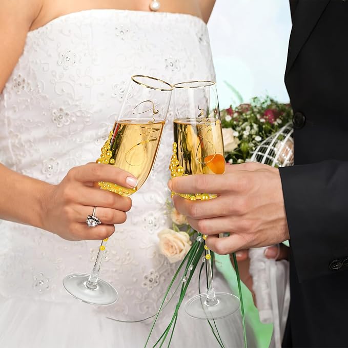 8 PCS Wedding Cake Knife and Champagne Flutes Server Set, Mr and Mrs Champagne Flutes with 2 Forks and Spoons, Bride and Groom Champagne Glasses for Wedding, Engaggement and Bridal Shower Gifts