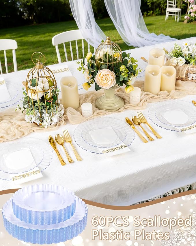 YOUBET 60PCS Clear Scalloped Plastic Plates - Premium Hard Disposable Facny Plastic Plates include 30 Dinner Plate, 30 Dessert Plate for Party & Wedding