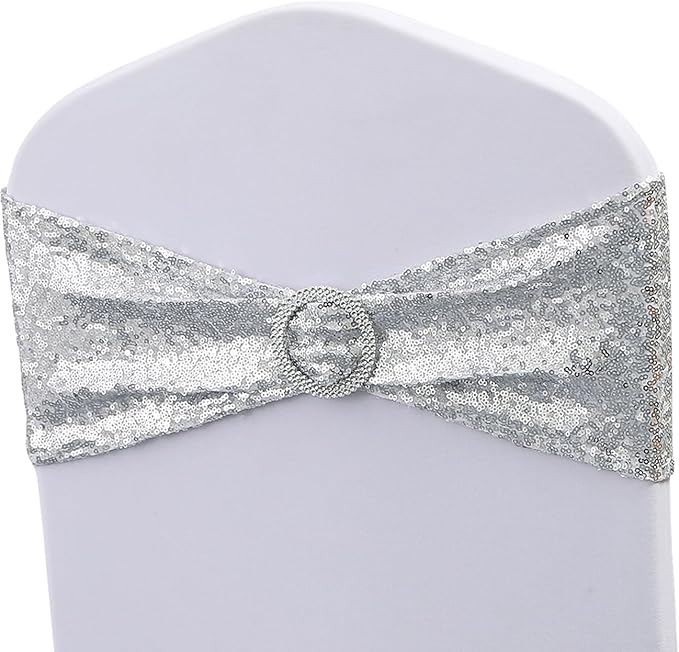 100 Pack All Around Sequin Silver Chair Sashes Bows for Wedding Celebration Decor JKDMJF Sequins Chair Bands with Buckles for Party Baby Shower Chair Decorations, Glitter Silver Chair Sash
