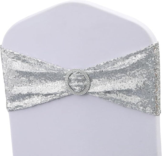 100 Pack All Around Sequin Silver Chair Sashes Bows for Wedding Celebration Decor JKDMJF Sequins Chair Bands with Buckles for Party Baby Shower Chair Decorations, Glitter Silver Chair Sash