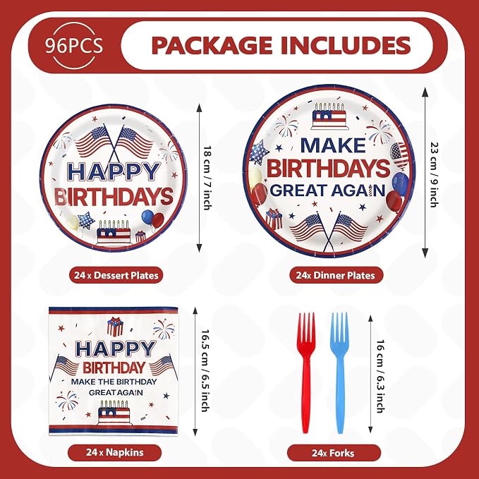 96Pcs Make Birthdays Great Again Party Supplies Funny Blue and Red Plates and Napkins Funny Presidant Tableware Set for USA President Patriotic Birthday Party Supplies，Serves 24