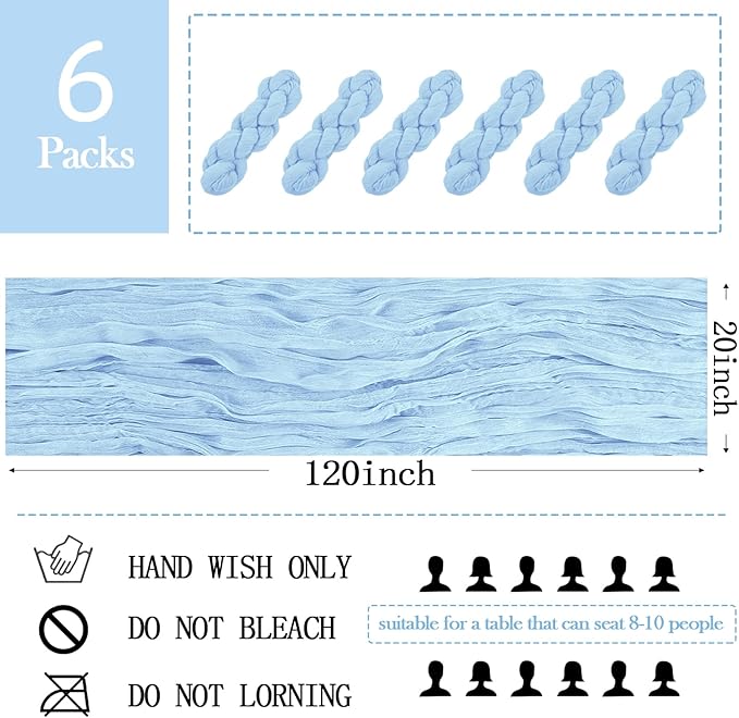 6 Pack Baby Blue Cheesecloth Table Runner 20 x 120 inch Gauze Table Runners 10 FT Long,Semi Sheer Cheese Cloth Fabric Table Runner Bulk for Wedding,Party,Baby Shower,Bridal Shower Decoration