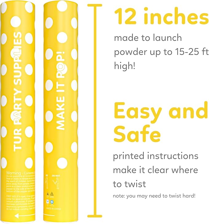 Yellow Powder Cannons Smoke Bombs Biodegradable Poppers | 2 Pack | Launch up to 25 ft | 12 inch | Decorations For Photoshoots, Gender Reveal, Celebrations, Festivals, and Parties | TUR Party Supplies