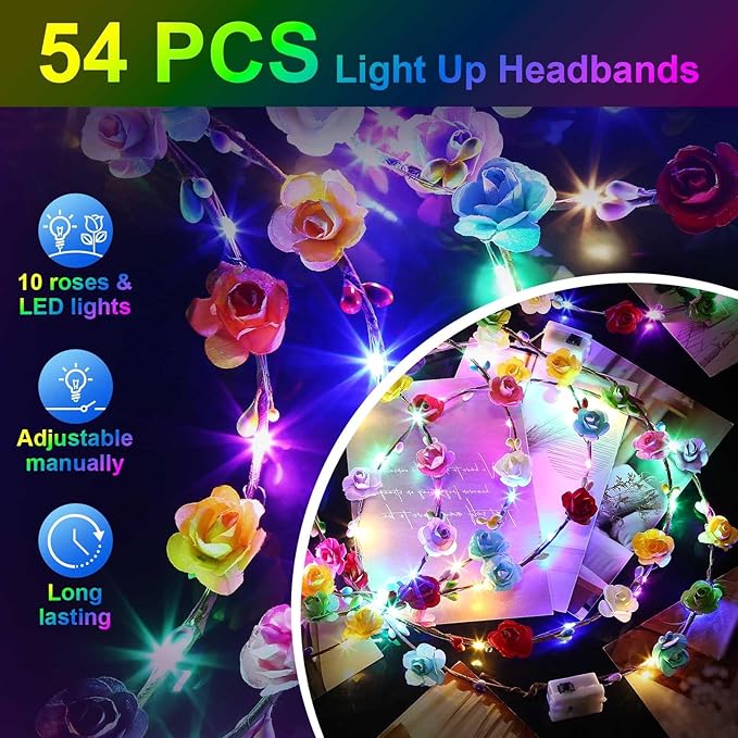 HONLYNE 54 PCS LED Flower Crowns Headbands, Light Up Flower Crowns For Women, Glow in the Dark Headband for Wedding Reception Mardi Gras Cosplay Princess Party Favors Birthday Christmas Halloween