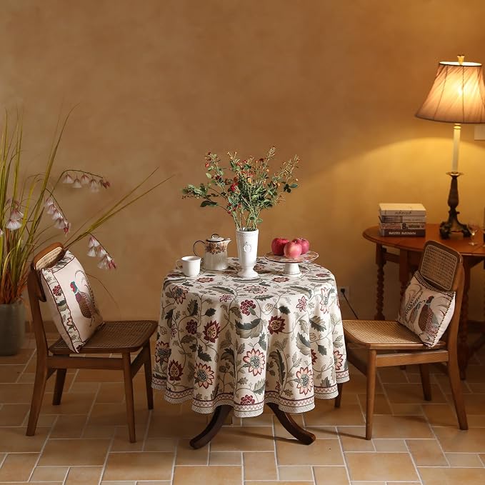 ISAENNE Designer Vintage Linen Round Tablecloth,Diameter 55"-Ratina | French Elegant Beautiful Durable Printed Table Cloth,Floral Pattern,Decoration,Heavyweight,Dining,Kitchen,Thanksgiving