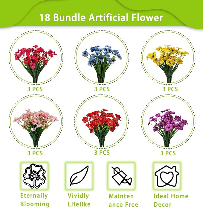 18 Bundles Artificial Flowers for Outdoor Indoor Fake Flowers uv Resistant Artificial Outside Flowers Faux Plastic Greenery for Porch Garden Home Wedding Spring Summer Patio Decor