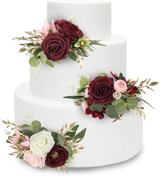 Rinlong Premade 3Pcs Cake Toppers Burgundy Flowers Cake Decorations Wedding Cake Decorating Flowers Decor Birthday Baby Shower Party Christening Christmas Cake Toppers