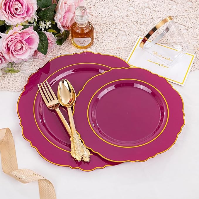 Liacere 175PCS Red Plastic Plates - Disposable Burgundy Red and Gold - 25guest Baroque Plastic Dinnerware include 50Plates, 25Pack Pre Rolled Napkins with Silverware 25Cups for Party&Mothers Day