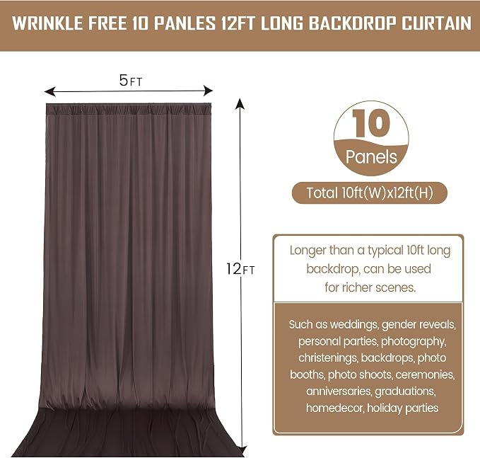50ftx12ft Brown Backdrop Curtains for Wedding-Wrinkle Free Backdrops Curtain Drapes Fabric Decorations Photo Back Drop Cloth for Baby Shower Photography Stage Reception 10Panels 12ft(H) x 5ft(W)