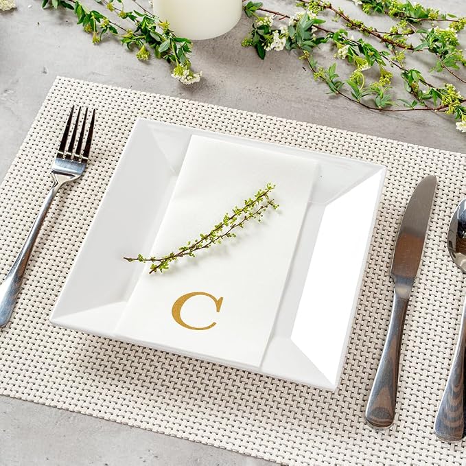 Luxenap 15.8 X 7.9 Inch Linen-Feel Guest Towels, 2000 Lettered Hand Towels - Gold Letter 'C', Sans Serif Font, White Paper Dinner Napkins, airlaid, For Restrooms And Tables - Restaurantware