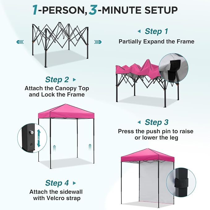 EAGLE PEAK 6x4 Instant Pop Up Canopy Tent with 1 Side Wall Panel, Straight Leg Sun Shelter, Portable Canopy with Carry Bag for Camping, Beach & Sports, Pink