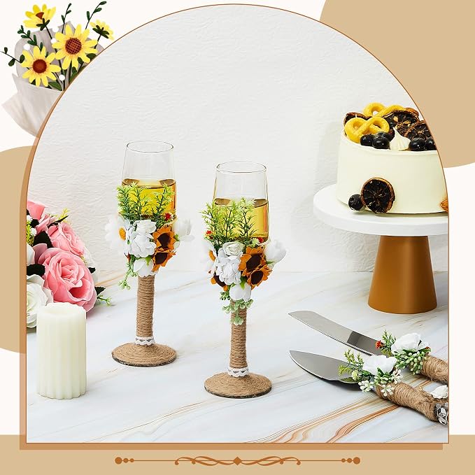 Irenare Rustic Wedding Cake Knife and Server Set with Champagne Glasses Cake Serving Set Rustic Bride and Groom Champagne Flutes Wedding Decorations Supplies(Sunflower Style)