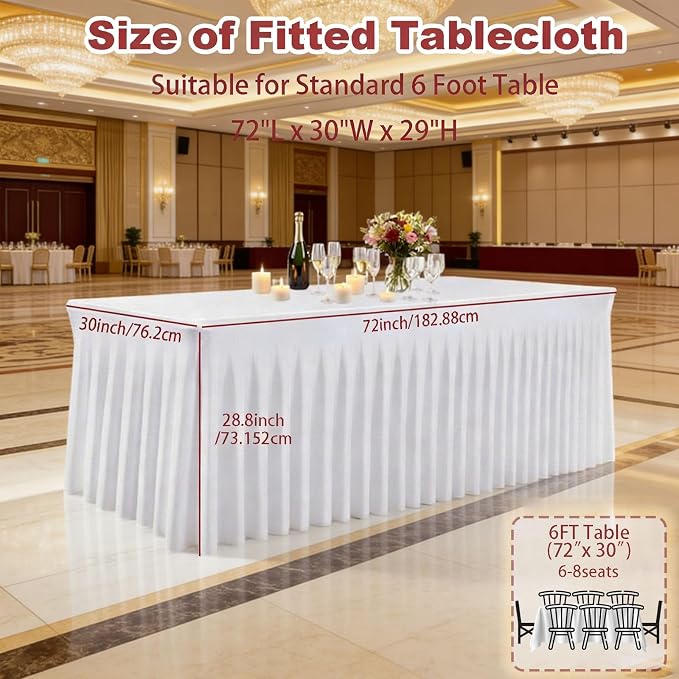 3 Pack White Spandex Table Cloths for 6 Foot Rectangle Tables, Wrinkle Free Fitted Table Covers 6 Ft Stretch Polyester Tablecloths with Skirt for Party Banquet Wedding Birthday Christmas