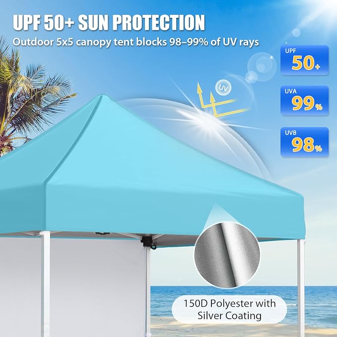 EAGLE PEAK Pop up Canopy 5x5, Outdoor Portable Canopy Tent with One Removable Sunwall, Carry Bag Included, Light Blue