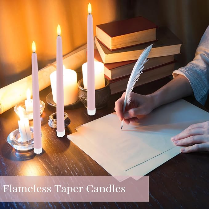 Macarrie 24 Packs Flameless Taper Candles Battery Operated Fake 11 Inch Long Candlelight LED Flameless Candlesticks Flickering Tapered for Summer Fall Wedding(Pink)
