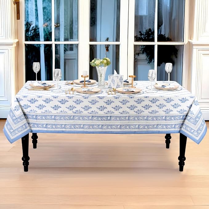 Ridhi Block Print Coastal Blue Rectangle Cotton Tablecloth 90" x 60" Reusable Table Cover Decorative Everyday Use for Dining, Farmhouse, Home Gift for Spring, Easter, Valentine
