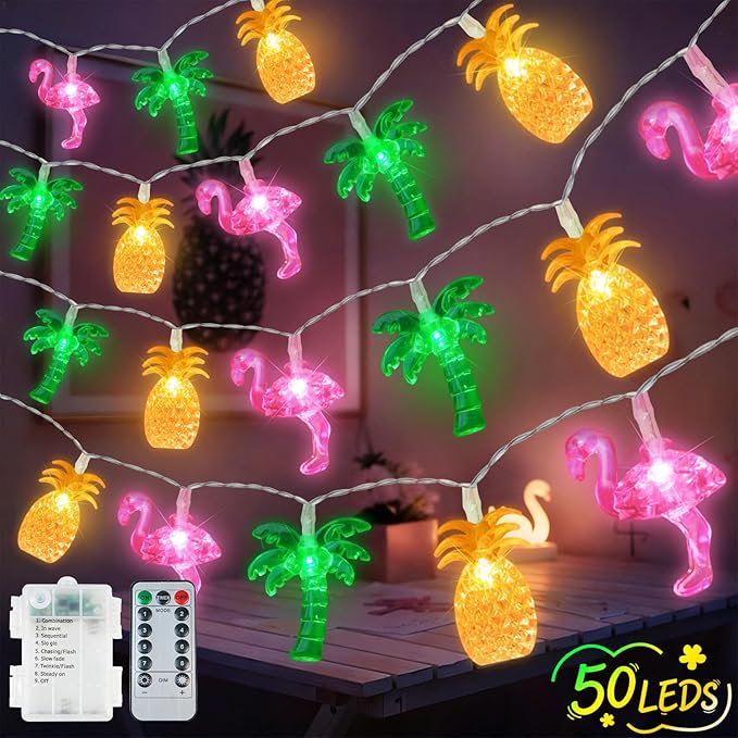 50 LED 25ft Summer Hawaiian Beach String Lights Outdoor with Remote, Flamingo Pineapple Palm Tree Fairy Twinkle Lights Battery Operated with 8 Modes & Timer for Tropical Party Beach Pool Decorations
