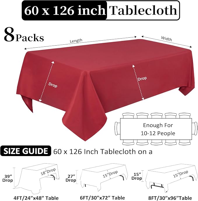 CozRhythm 8 Pack Red Tablecloth 60 x 126 Inch Rectangular Table Cloth for 8 Foot Rectangle Tables, Wrinkle Resistant Washable Polyester Fabric for Holiday Buffet Wedding Party and Banquet