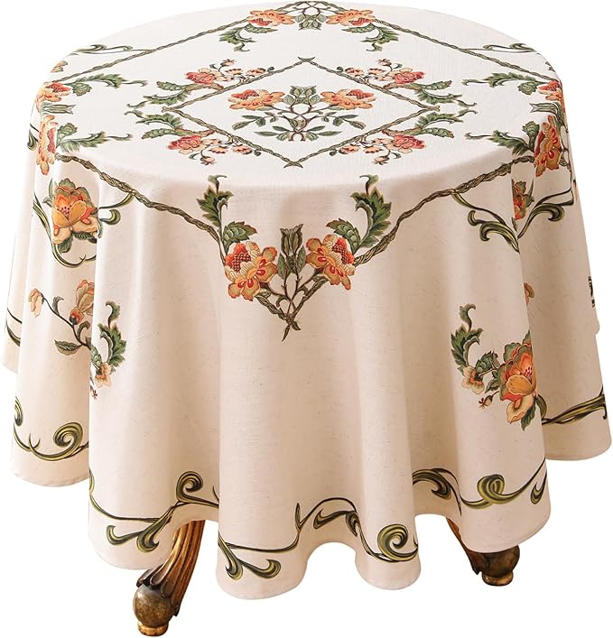 patdrea Vintage French Linen Tablecloth,Round,Diameter 55"-Santiago C | Beautiful Print Table Cloth for Round Table,Colorful Floral Patterned,for Dining Room Tea Party Thanksgiving