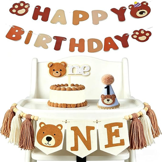 1st Birthday Decorations For Boy Girl - Bear Birthday Party Decorations With Felt Happy Birthday Banner, Birthday High Chair Banner, Cake Topper & Party Hat, First Birthday Decor Kit For Baby Shower