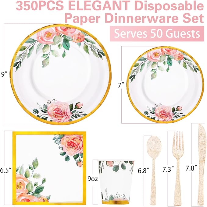 350PCS Floral Paper Plates Set, Disposable Plates With Gold Rim Serve 50 Guests, Party Supplies for Adults Garden Tea Party Bridal Shower Decorations