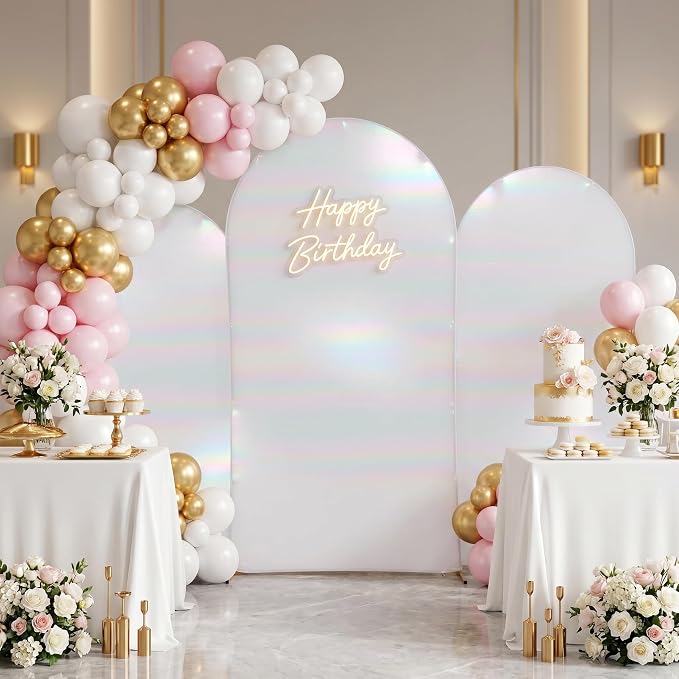Iridescent White Arch Backdrop Cover 6ft/6.6ft/7.2ft 3Set with Zipper,Thick Soft Stretchy Sequin Shimmer Spandex Fitted Chiara Cover for Wedding Birthday Baby Shower Graduation Party Photo Backdrop