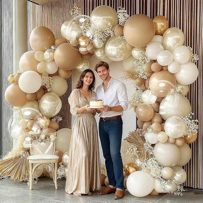 White Sand Gold Balloon Garland, Double Stuffed Pearl White Gold Cream Beige Balloons Clear Bobo Latex Balloon Arch Kit for Wedding Bridal Shower Birthday Baby Shower Gender Reveal Party Decorations