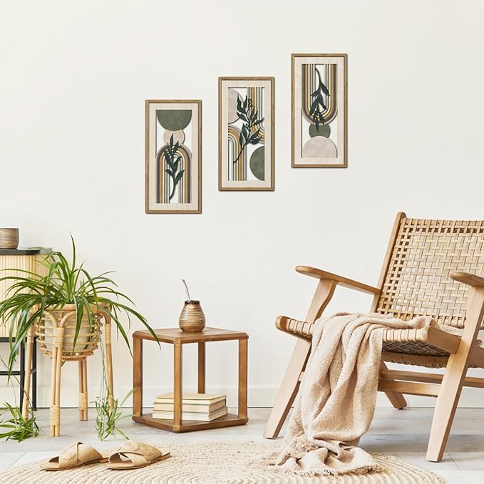 HPNIUB 3 PCS Minimalist Sage Green Wall Decor, Boho Geometric Line Hanging Wood Sign for Living Room, 8x16Inch Modern Bohemian Botanical Leaf Wooden Plaque for Apartment Bedroom Office Decoration