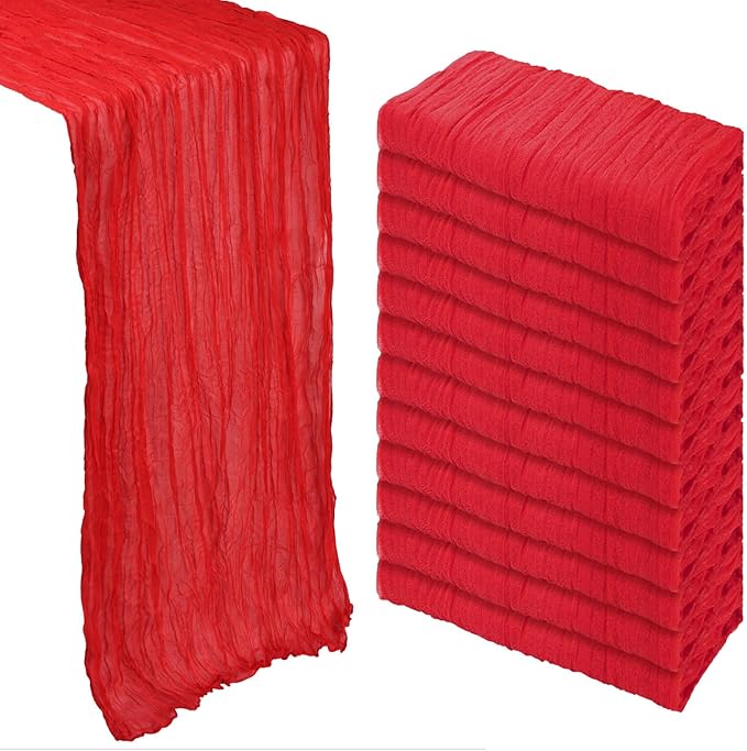 12 Pack Red Cheesecloth Table Runner 10Ft Spring Gauze Cheese Cloth Table Runner 35x120 Inch Boho Sheer Rustic Fabric for Holiday Party Decor Baby Shower Wedding Decorations