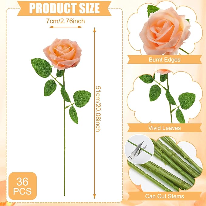 36 Pcs Peach Pink Artificial Roses with Long Stems, Fake Silk Rose Artificial Flowers Bulk for Bridal Wedding Bouquet Centerpiece Ball Arrangement Party Decor
