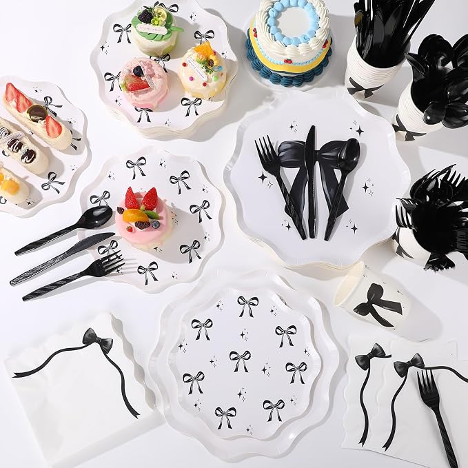 Ziliny 350 Pcs Bow Black Party Supplies Tableware Set Disposable 9'' 7'' Paper Plates 9 oz Cups Cutlery Napkins Dinnerware Set for 1st Birthday, Serve 50 (Bow, Black)