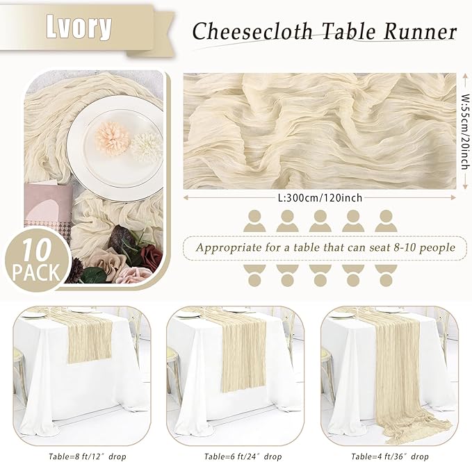 10 Pack Ivory Cheesecloth Table Runner 17x108 Inch Semi Sheer Boho Rustic Gauze Cheese Cloth Table Runners for Wedding Party Birthday Baby Shower Home Décor
