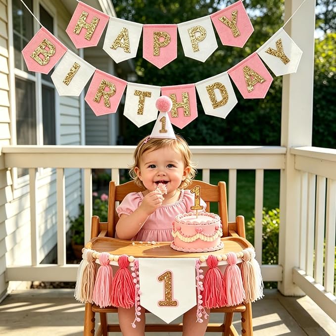 First Birthday Decorations For Girl- Felt Happy Birthday Banner Pink Gold 1st Birthday High Chair Decorations,Birthday Topper Party Hat,Boho Pink Gold 1st Birthday Party Supplies For Girl