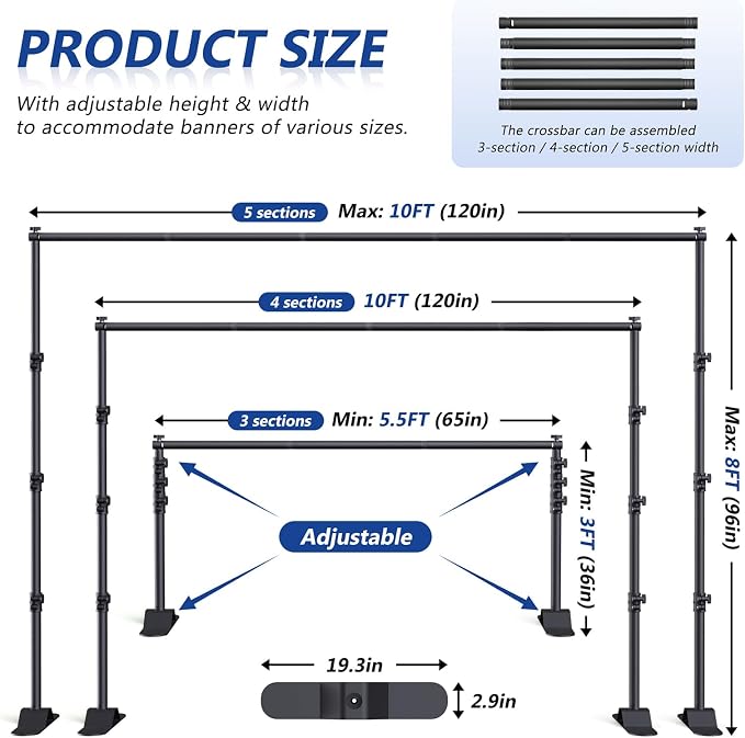 Backdrop Banner Stand 10x8ft，Adjustable Heavy Duty Photo Backdrop Stand，Step and Repeat Background Stands for Party，Photography，Wedding