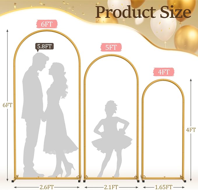 Metal Arch Backdrop Stand 3 Set (6FT+5FT+4FT), Gold Wedding Arch Frame, Balloon Arch Stand for Baby Shower, Wedding, Birthday, Ceremony, Party Decor
