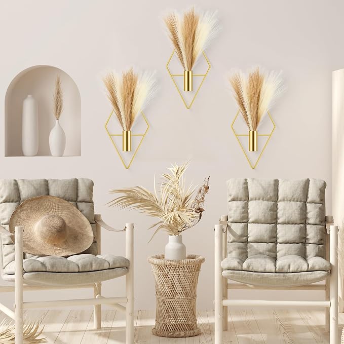 Hanaive 4 Sets Boho Gold Wall Decor Metal Wall Art Hanging Planters with Artificial Pampas Display Art Modern Home Metal Vase for Bedroom Living Room Home Office(Gold, Beige, Dark Coffee)