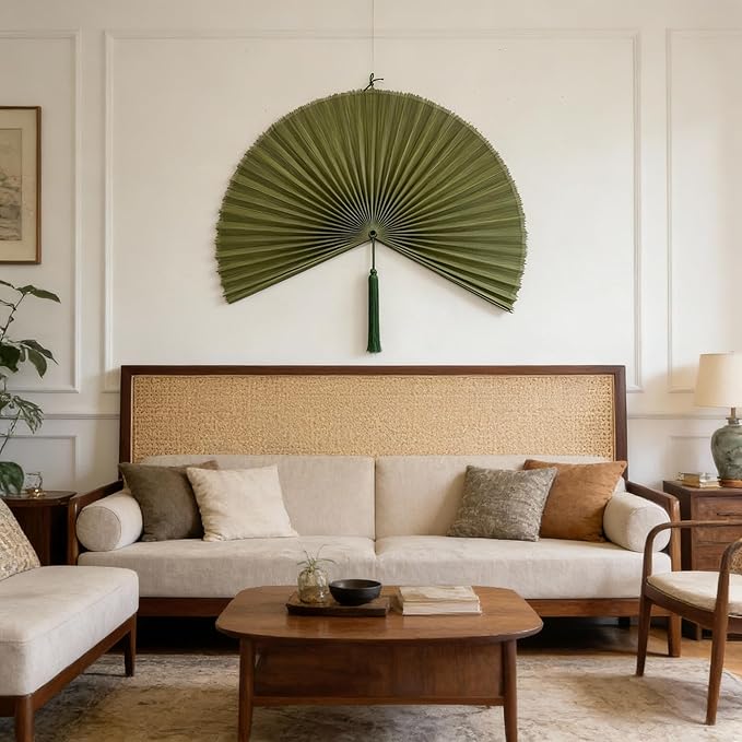 ChumDecor Fan Wall Decor, Japanese Giant Fan, Large Bamboo Fan Wall Art For Boho Hanging Headboard, Decorative Folding Fans For Over Bed, Asia Trending (Army Green 31inch)