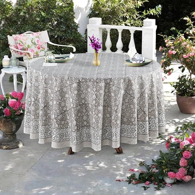 Ridhi Round Tablecloth Hand Block Print 100% Cotton Reusable Taupe 110 Inch Table Cover Decorative Everyday Use for Dining, Home, Party, Wedding, Farmhouse, Party Gift for Spring, Mother's Day