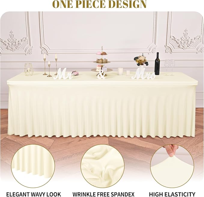 fani 6 Packs Ivory Stretch Table Skirts for 8 Foot Rectangle Table, Washable Spandex Stretch Tablecloths with Skirt, Wrinkle Resistant Fitted Tablecover for Wedding Party Banquet