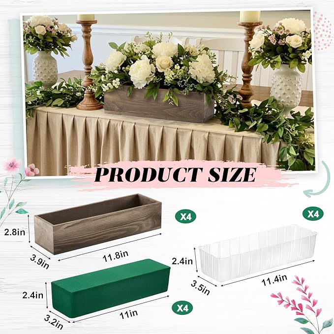 Dandat 4 Set Wood Boxes for Centerpieces 12x4 Inch Rectangle Wooden Planter Box Rustic Wooden Planters with Removable Plastic Liner Floral Foam Blocks for Christmas Wedding Home Garden Decor(Brown)