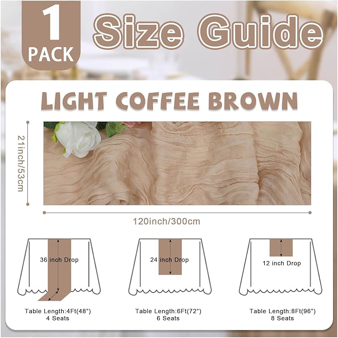 Light Coffee Brown Cheese Cloth Table Runner 21x120 Inch Long Sheer Table Runner Cheesecloth Table Cloth for Valentine’s Day Birthday Party Family Dinner Fit 8-10 People Tables