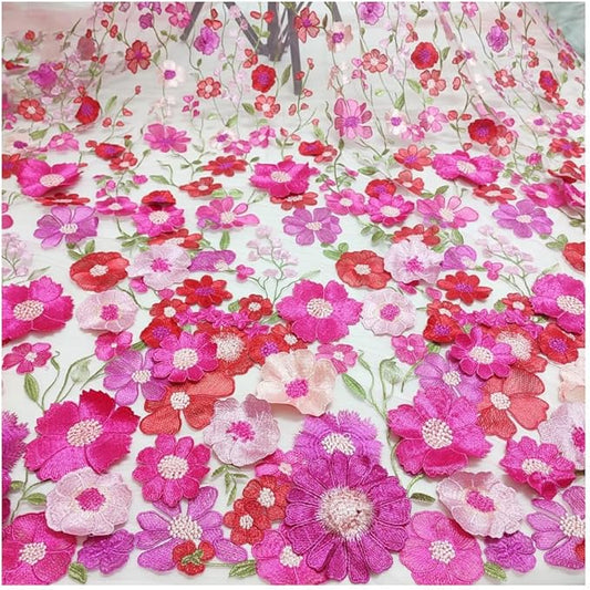 3D Flowers Embroidery Lace Fabric, 59 Inch Wide Soft Tulle Mesh Embroidered Lace Trim DIY Custom Clothes Wedding Dresses Curtain Table Cloth Sewing Fabric (2 Yards,Pink)