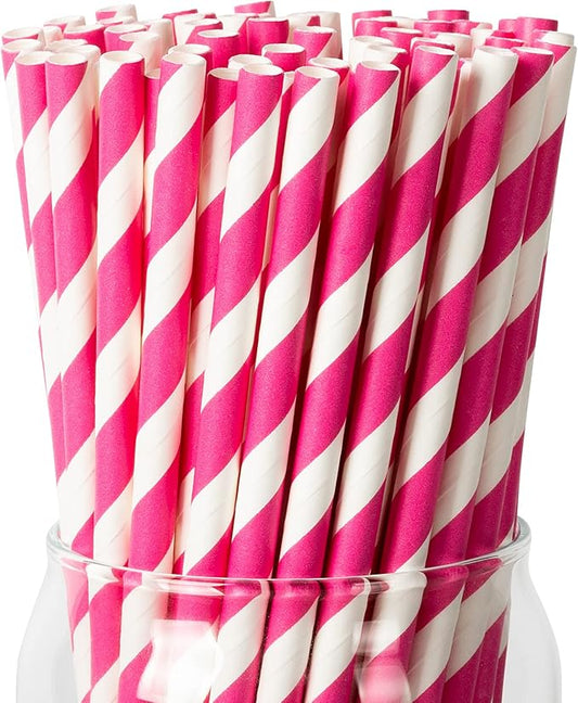 PakTalk 100 Pack Pink Paper Straws for Drinking, Disposable and Biodegradable, Food Grade 4-Layer Eco-Friendly Straws for Birthdays, Weddings, Baby Showers (0.24" x 7.75")