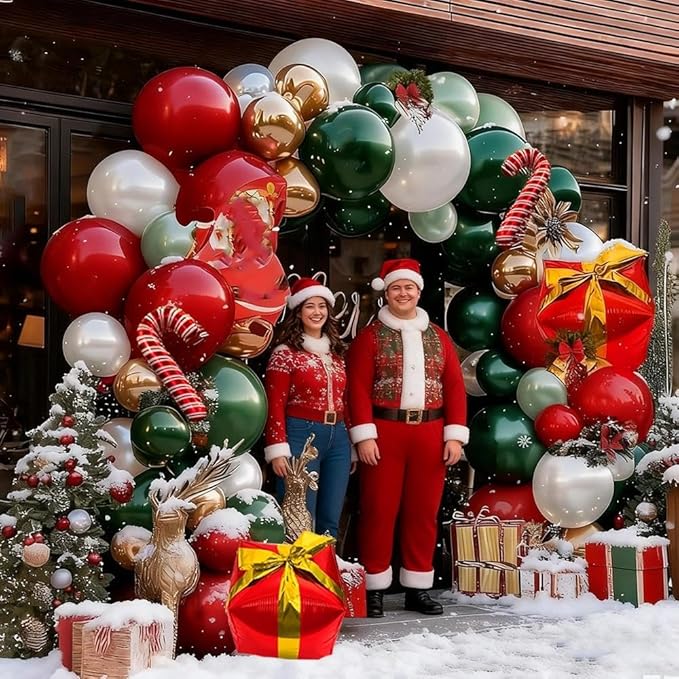 Christmas Balloon Arch Kit, Double Stuffed Dark Green Red Pearl White Gold Balloons Emerald Green Burgundy Balloon Garland for Christmas New Year Xmas Birthday Wedding Festival Party Decorations