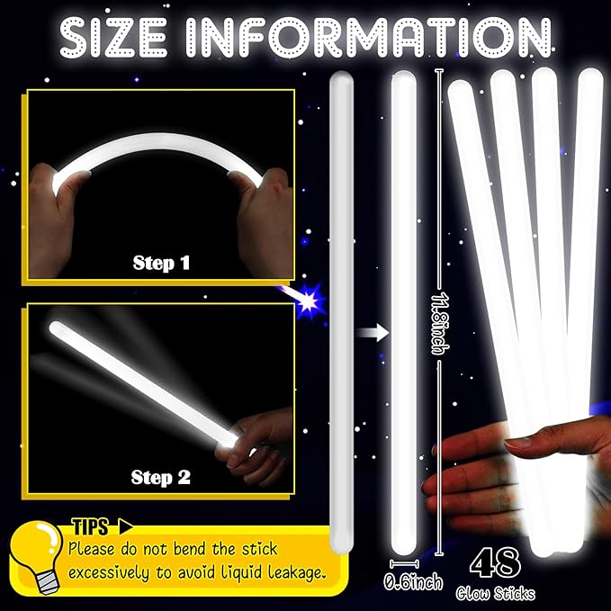 Honoson 48 Pcs 12'' Glow Sticks Bulk, 15 mm Thick Bright Glow in The Dark Light Up Sticks for Wedding, Festivals, Raves, Birthday Party Favors Supplies (White)