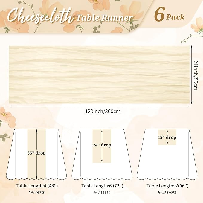 Ivory Cheesecloth Table Runner 6 Pack 10FT - Boho Gauze Sheer Rustic Crinkled Table Runners for Wedding Party Baby Shower Bridal Decor