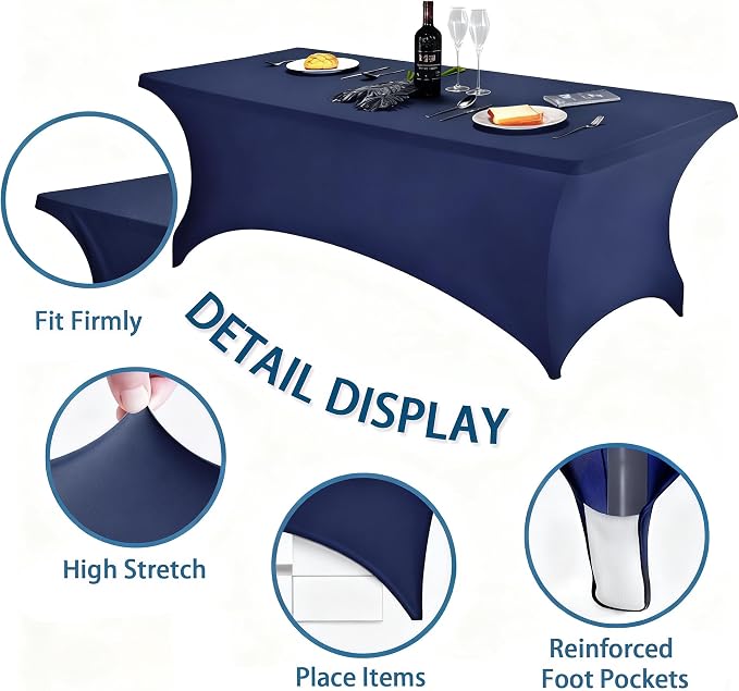 6FT Navy Blue Table Cloth - 2 Pack Fitted Stretch Rectangle Spandex Tablecloth, Washable Table Cover for Party, Picnic, Wedding, Banquet, Birthday and Festival(30" x 72")
