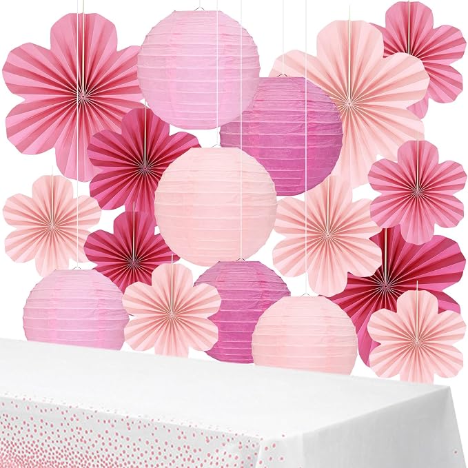 20 Pack Pink Paper Fans Hanging Ornaments,Paper Flowers Decorations For Wall Kit With 9Paper Lanterns 9Fan Flower& 2Party Tablecloths For Graduation Ceremony Wedding Party Decorations