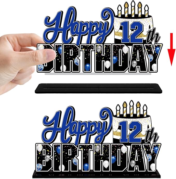 LINGTEER Happy 12th Birthday Blue Acrylic Table Topper Centerpieces Set - Cheers to Twelve Years Old Birthday 12th Bday Party Gift Decorations.