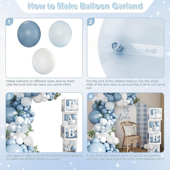Dusty Blue Balloon Baby Shower Decorations for Boy, 132Pcs Blue Balloon Arch Garland Kit Baby Boxes with Letters for Boy Boho Baby Shower Gender Reveal Birthday Party Decorations